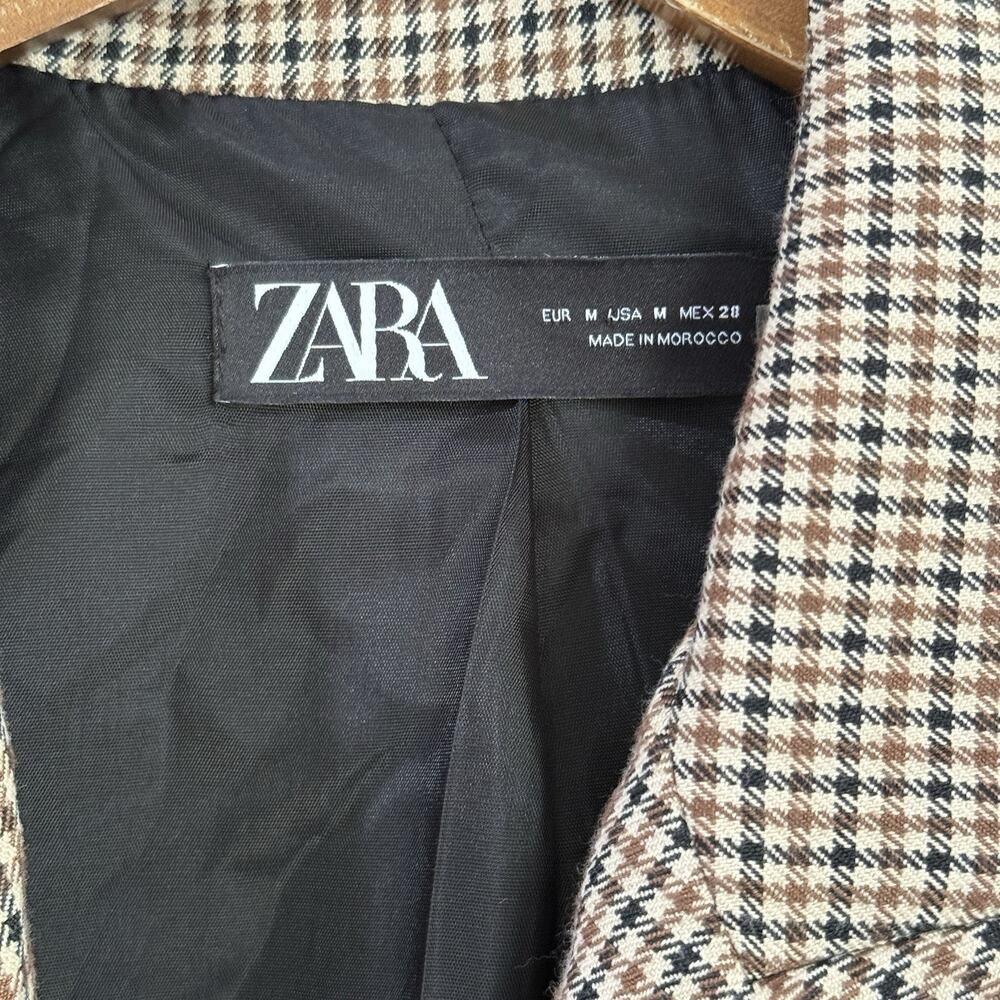 ZARA Houndstooth Double Breasted Blazer Jacket Brown Beige M Dark Academia - Picture 2 of 10
